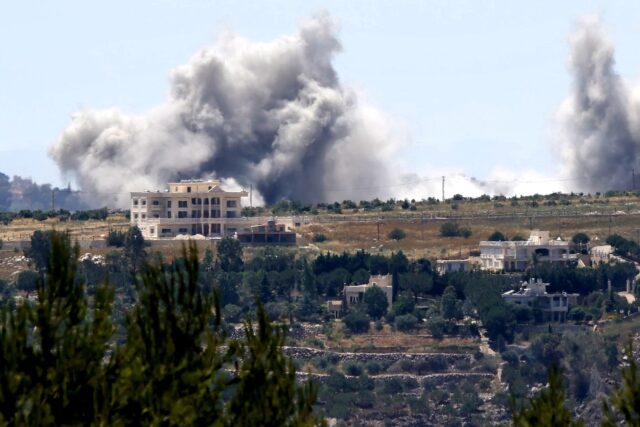 Smoke rises from an Israeli bombardment near the village of Kfar Tibnit in southern Lebano