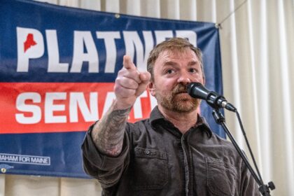 US Senate candidate Graham Platner -- pictured at a June 2026 town hall in Portland, Maine