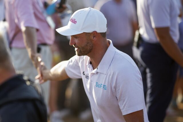 Wyndham Clark celebrates winning his second US Open title at the 126th US Open at Shinneco