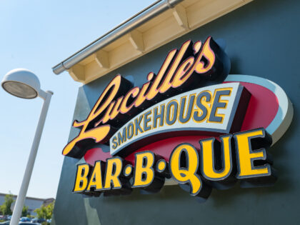 Sign on facade at new Lucille's Barbecue restaurant in downtown Dublin, California, A