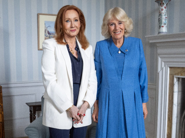 CamillaJKrowling Britain's Queen Camilla reacts as she greets British author JK Rowling during an audi