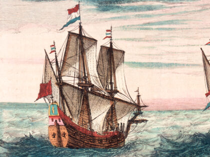 Two Dutch ships at sea, 17th century. The Dutch cartographer Willem Blaeu and his son Joan
