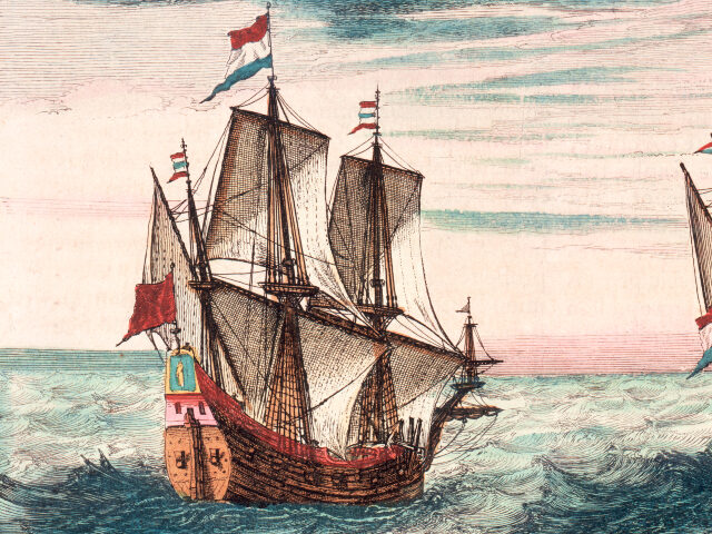 Two Dutch ships at sea, 17th century. The Dutch cartographer Willem Blaeu and his son Joan