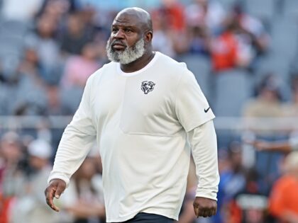 CHICAGO, ILLINOIS - AUGUST 17: Running backs coach Eric Bieniemy of the Chicago Bears look
