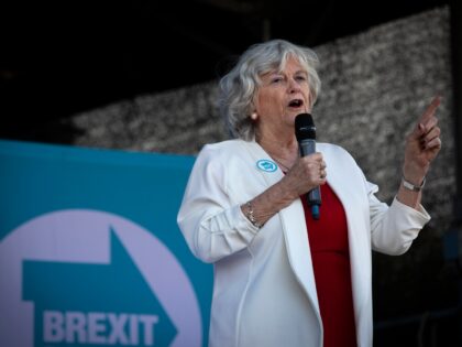 Former Conservative party government minister Ann Widdecombe speaking on stage at a Brexit