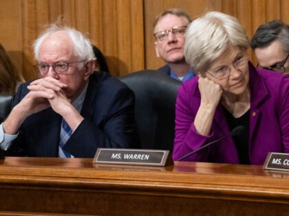 TOPSHOT - US Senator Bernie Sanders (L), Independent of Vermont, and US Senator Elizabeth