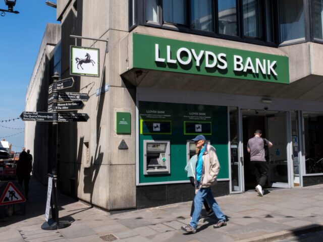 People outside the Lloyds Bank branch on 29th April 2025 in Shrewsbury, United Kingdom. Ll