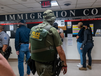 NEW YORK, NEW YORK - JULY 24: Federal agents, including members of ICE, patrol the halls o