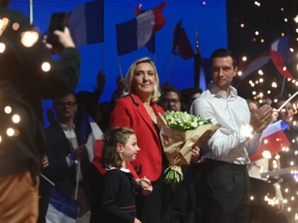 President of Rassemblement National (RN) Jordan Bardella (C,R) and President of Rassemblem