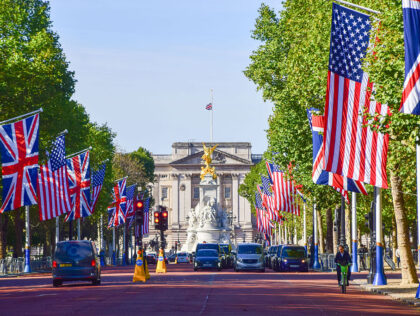 LONDON, UNITED KINGDOM - 2025/09/16: American flags and Union Jacks flags decorate The Mal