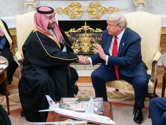 GettyImages-2246771952 US President Donald Trump, right, and Mohammed bin Salman, Saudi Arabia's crown prince, du