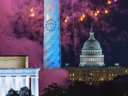 A fireworks display near the Washington Monument during an America250 kickoff celebration