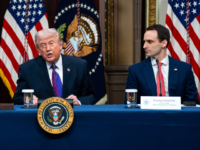 Chris Wright, US energy secretary, from left, US President Donald Trump, and Michael Kratsios, director of the White House Office of Science and Technology Policy, during a roundtable on a ratepayer protection pledge in the Indian Treaty Room of the Eisenhower Executive Office Building at the White House in Washington, DC, US, on Wednesday, March 4, 2026. Trump has summoned tech leaders to the White House to sign pledges committing their companies to foot the electricity bill for energy-hungry data centers. Photographer: Bonnie Cash/UPI/Bloomberg via Getty Images