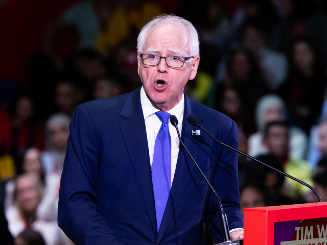 GettyImages-2271956577 BARCELONA, SPAIN - APRIL 18: Tim Walz speaks during the Global Progressive Mobilisation at