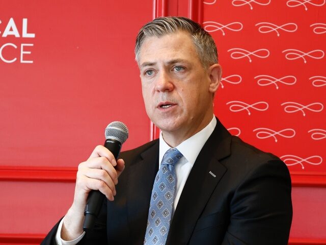 WASHINGTON, DC - APRIL 21: U.S. Sen Jim Banks speaks onstage at the Puck Power Breakfast a