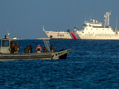 THITU ISLAND, DISPUTED SOUTH CHINA SEA - MAY 3: A Philippine Marine speedboat patrols off