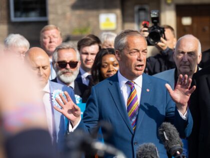 Nigel Farage, leader of Reform UK, outside Havering Town Hall following the local election