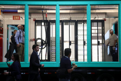 A Hewlett Packard Enterprise Co. AI Mod POD, a semi-truck-sized mobile data center, on the