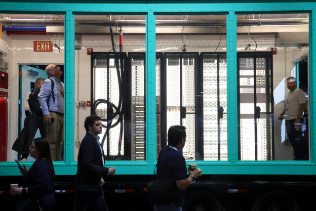 A Hewlett Packard Enterprise Co. AI Mod POD, a semi-truck-sized mobile data center, on the