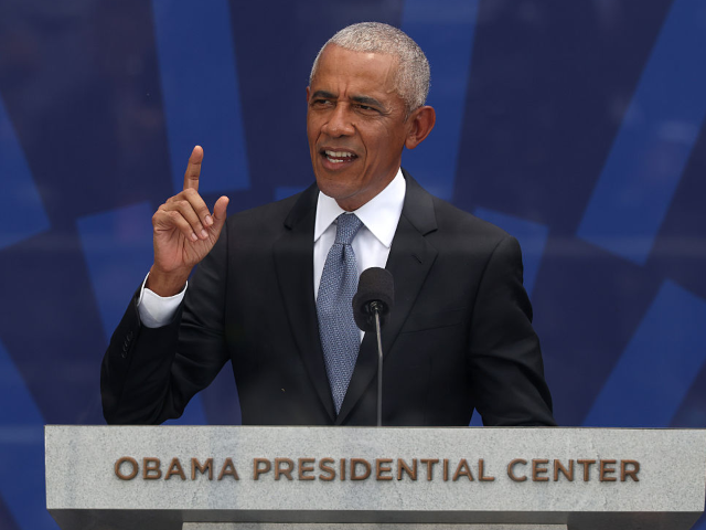 GettyImages-2282235201 CHICAGO, ILLINOIS - JUNE 18: Former U.S. President Barack Obama speaks during the dedicati
