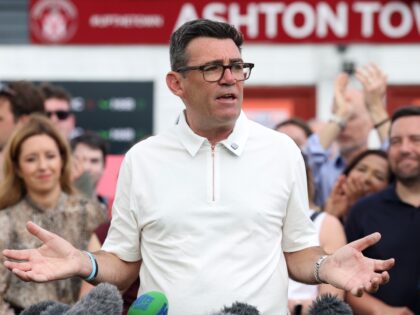 ASHTON IN MAKERFIELD, ENGLAND - JUNE 19: Manchester Mayor Andy Burnham speaks as he celebr