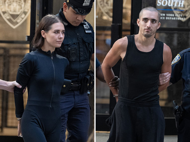 Angela Nikolau, left, and Ivan Beerkus are pictured in police custody leaving the New York