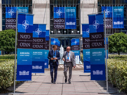 Banners at the Presidential Palace, the venue for the North Atlantic Treaty Organisation (