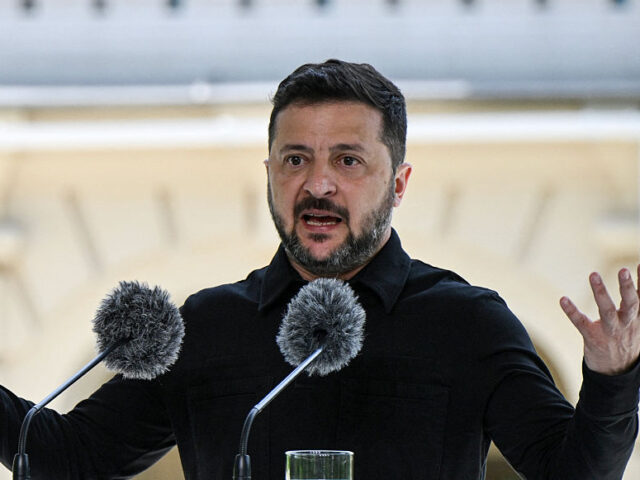 Ukraine's President Volodymyr Zelensky speaks during a press conference in the garden