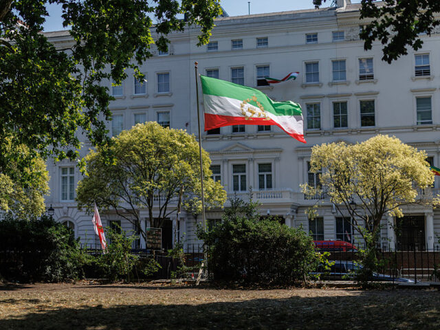 LONDON, ENGLAND - JULY 13: An Iranian flag flies opposite the Iranian Embassy on July 13,