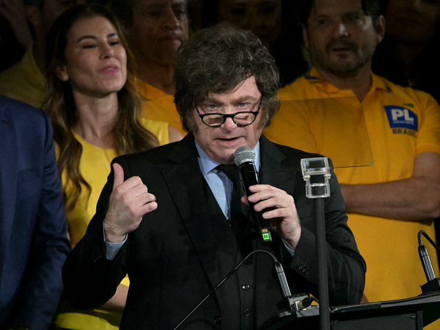 Argentina's President Javier Milei speaks during the launching of the candidacy of Brazil'