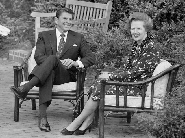 (Original Caption) Williamsburg, Va.: President Ronald Reagan and British Prime Minister M