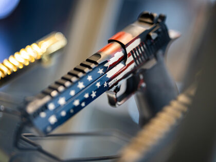 A handgun from the Pillager series by US firearms manufacturer Magnum Research is on displ