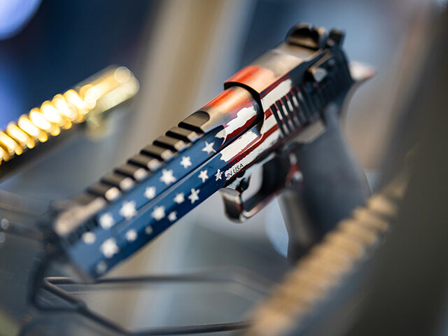 A handgun from the Pillager series by US firearms manufacturer Magnum Research is on displ