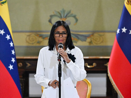 Venezuela's interim President Delcy Rodriguez speaks during a press conference after a sig