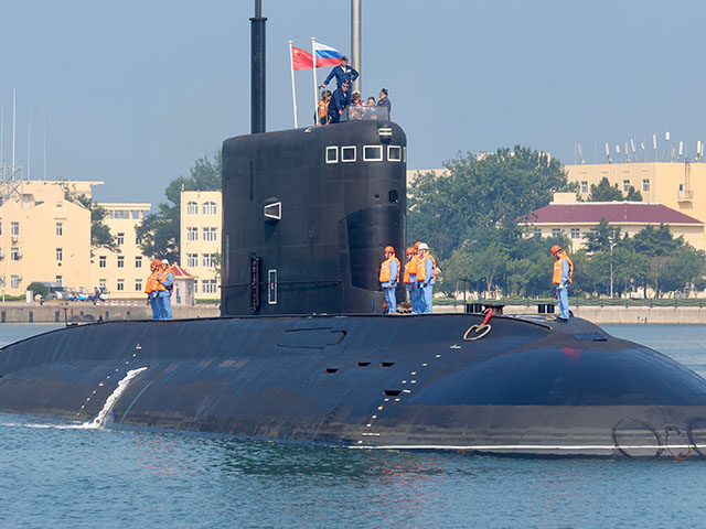 The Russian Navy submarine Ufa arrives at a military port for the "Joint Sea-2026" naval e