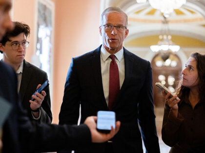 Senate Majority Leader John Thune, a Republican from South Dakota, speaks to members of th