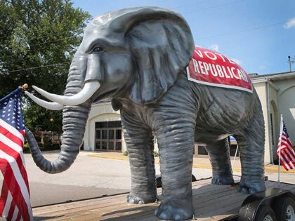 A Republican elephant prop sits in front of the Starlite Ballroom at The Mississippi Valle