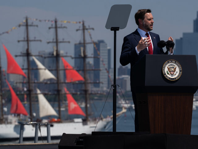U.S. Vice President JD Vance delivers remarks during an International Naval Review aboard
