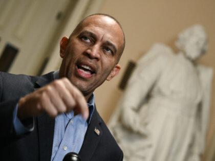 US House Minority Leader Hakeem Jeffries, Democrat from New York, speaks to reporters at t