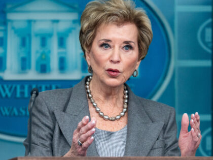 Linda McMahon, US education secretary, during a news conference in the James S. Brady Pres