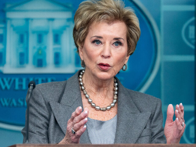 Linda McMahon, US education secretary, during a news conference in the James S. Brady Pres