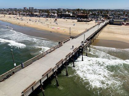 NEWPORT BEACH, CA - JULY 06: An aerial of the Newport Beach Pier on Monday, July 6, 2026,