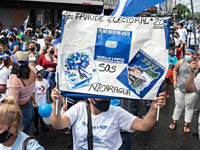 Nicaraguan citizens exiled in Costa Rica hold a demonstration against the elections in Nic