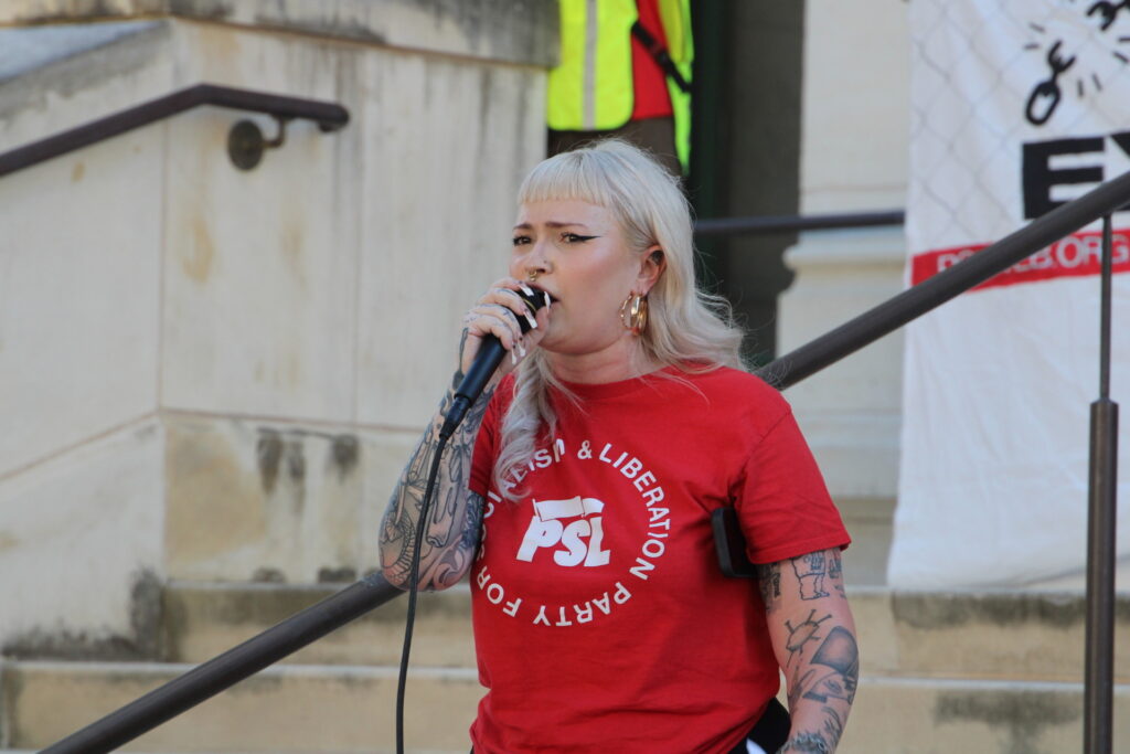 Organizer Corrie Rosen Speaks to Crowd of Protesters (Randy Clark/Breitbart Texas)
