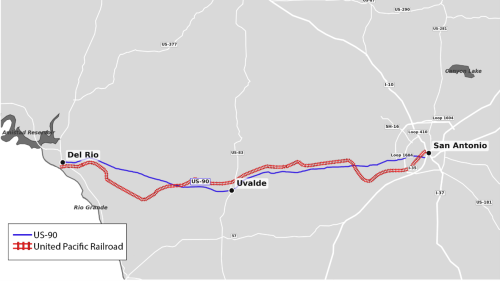 Mappa che mostra il percorso dei treni lungo gli Stati Uniti Autostrada 90 da Del Rio a San Antonio. (Dipartimento di Giustizia)