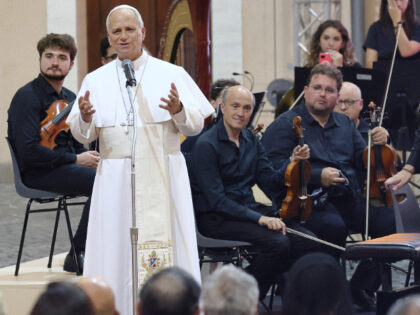 CASTEL GANDOLFO, ITALY - JULY 18: Pope Leo XIV holds his speech during a concert in the co