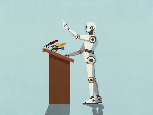 Robot speaking at podium