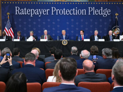 US President Donald Trump (C) speaks during an event about the Ratepayer Protection Pledge