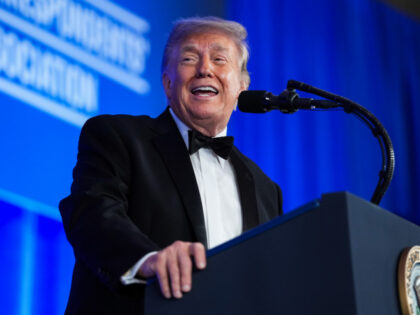 U.S. President Donald Trump speaks during the re-scheduled White House Correspondents Dinn