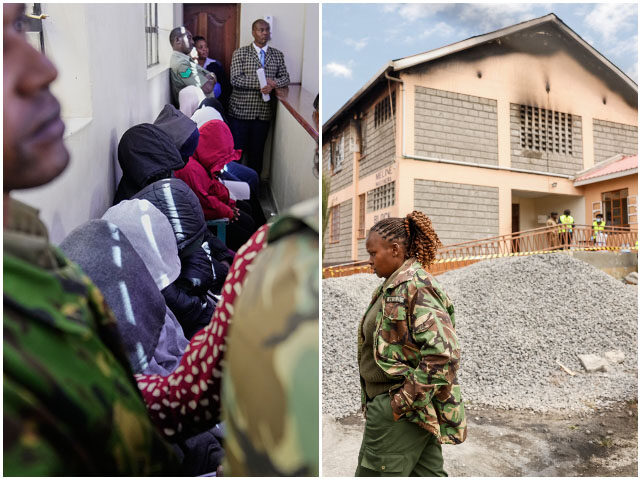 Kenyan police officers and forensic experts gather around the building at Utumishi Girls A